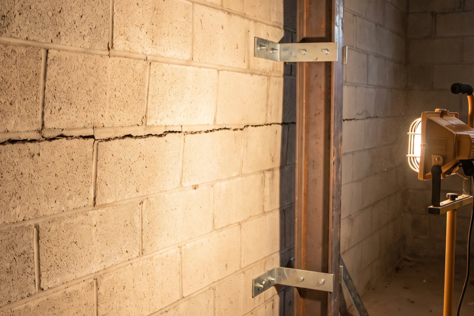 Steel bracing installed against a bowing concrete block basement wall in a West County home