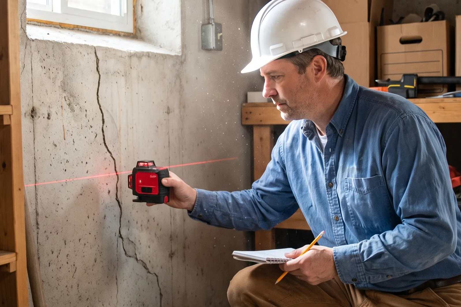 Engineer inspecting a basement foundation wall ahead of a Missouri home sale