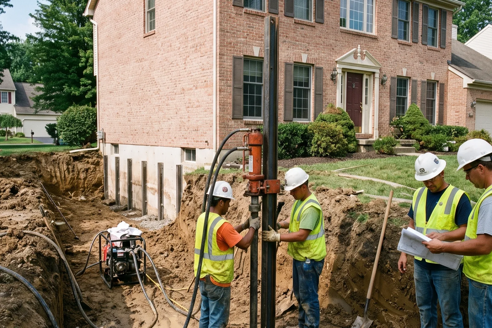 Construction crew installing steel push piers along the exterior foundation wall of a two-story brick home in St. Louis County