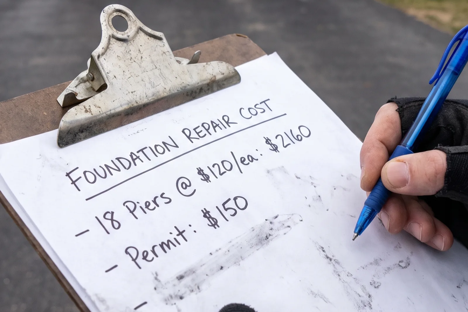 Technician's clipboard showing an itemized West County foundation repair cost estimate with pier count and pricing lines