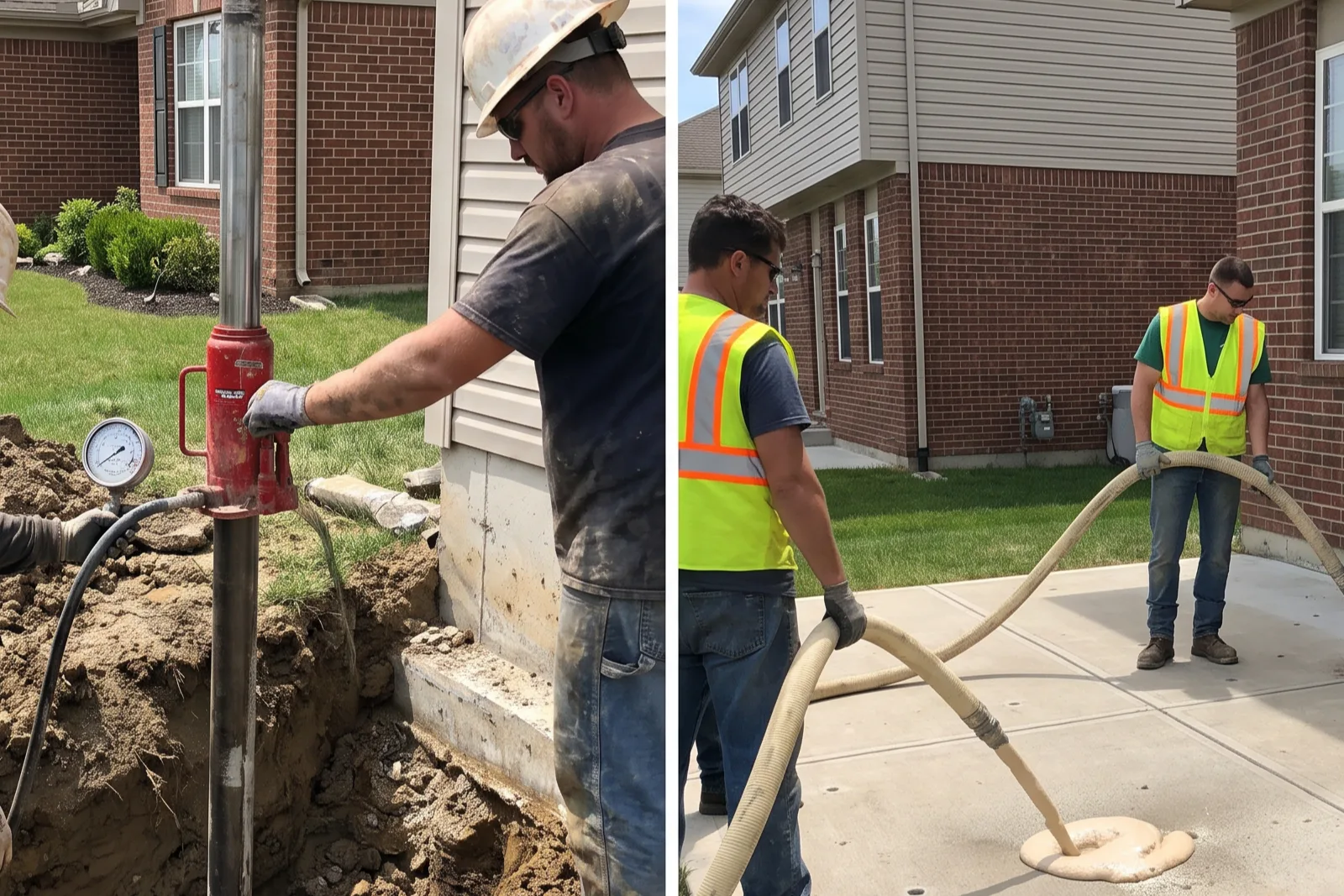 Side-by-side comparison of steel push pier installation and polyurethane foam mudjacking at a residential foundation