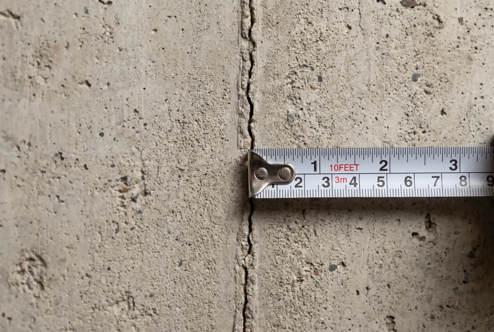 Close-up of a measuring tool checking the width of a crack in a basement wall