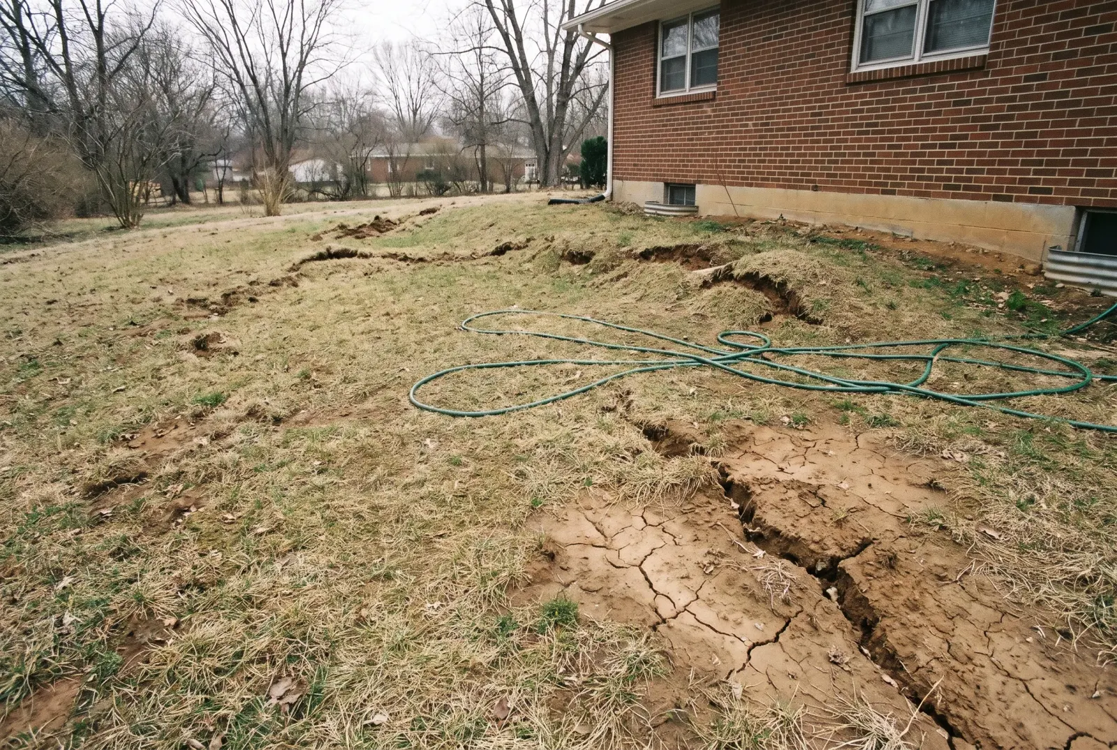 Backyard soil near a home's foundation showing visible ground heave and dry cracked clay patches in early spring